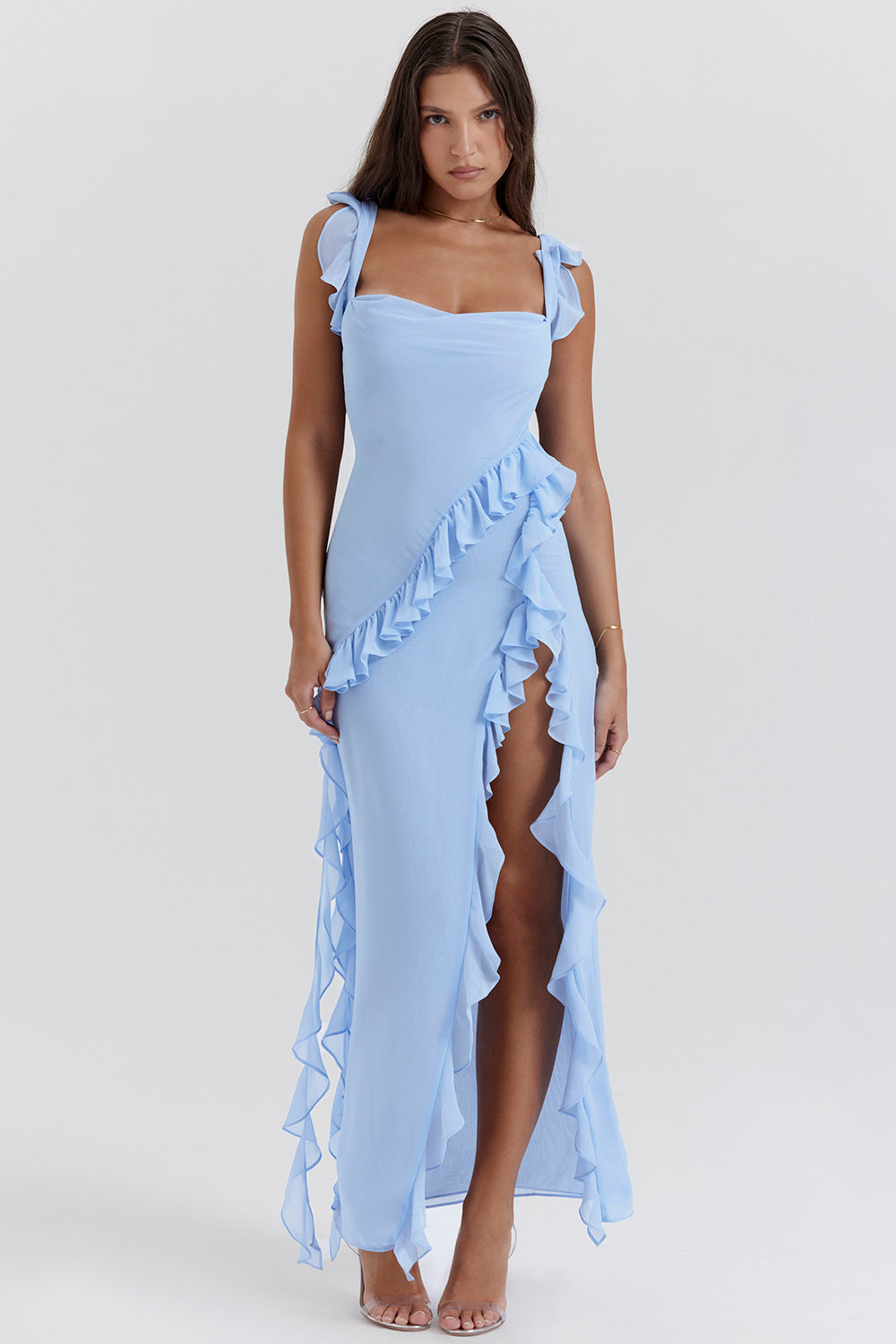 Melantha | Adjustable-Strap Ruffle High-Slit Women's Dress