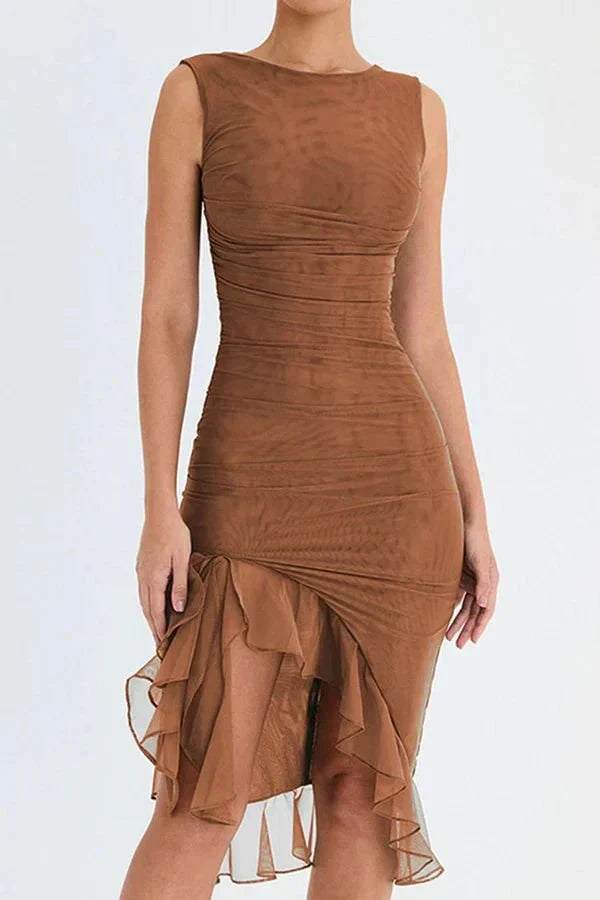 Eva | Ruched Asymmetric Ruffle-Trim Women Summer Midi Dress
