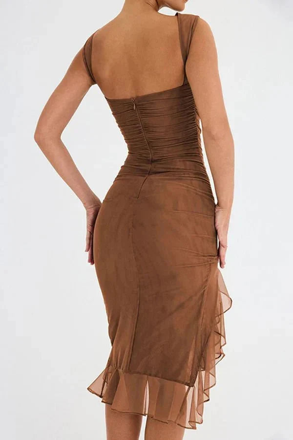 Eva | Ruched Asymmetric Ruffle-Trim Women Summer Midi Dress