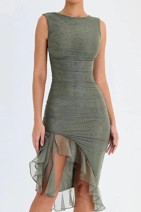 Eva | Ruched Asymmetric Ruffle-Trim Women Summer Midi Dress