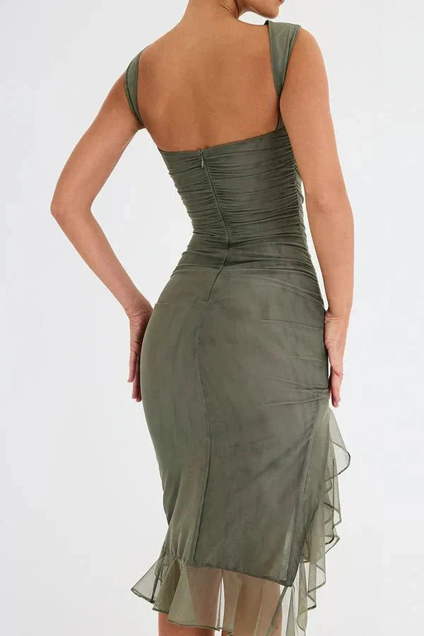 Eva | Ruched Asymmetric Ruffle-Trim Women Summer Midi Dress