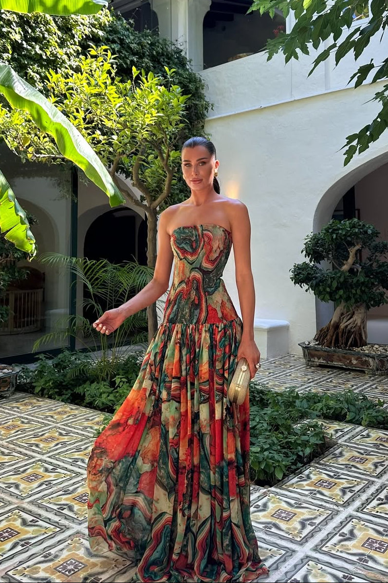 Nancy | Strapless Marble-Print Tiered Women Summer Maxi Dress