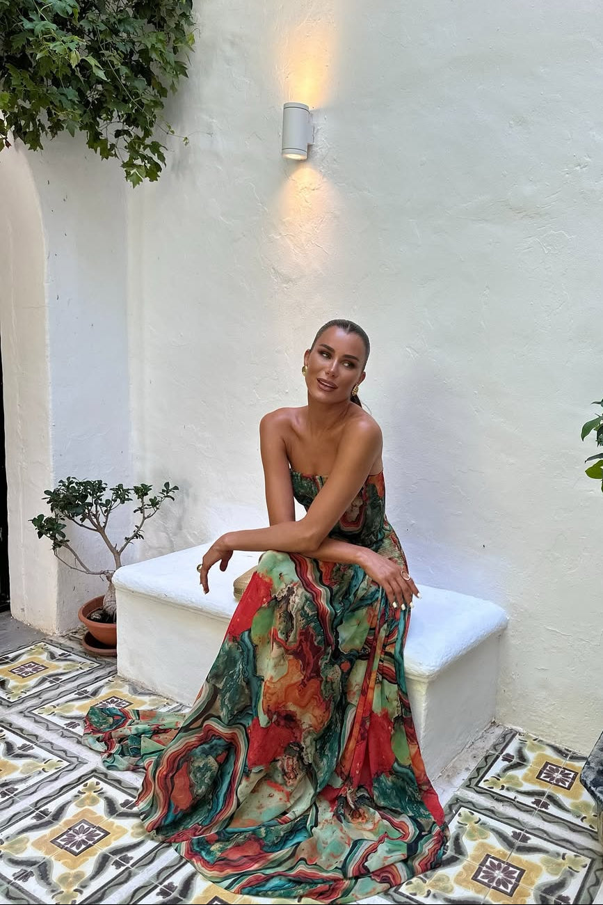 Nancy | Strapless Marble-Print Tiered Women Summer Maxi Dress