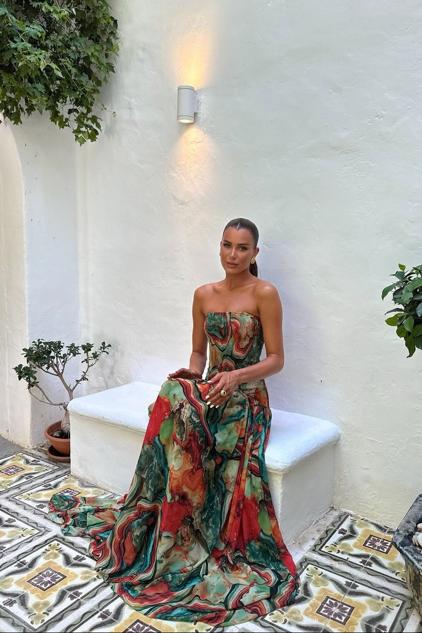 Nancy | Strapless Marble-Print Tiered Women Summer Maxi Dress
