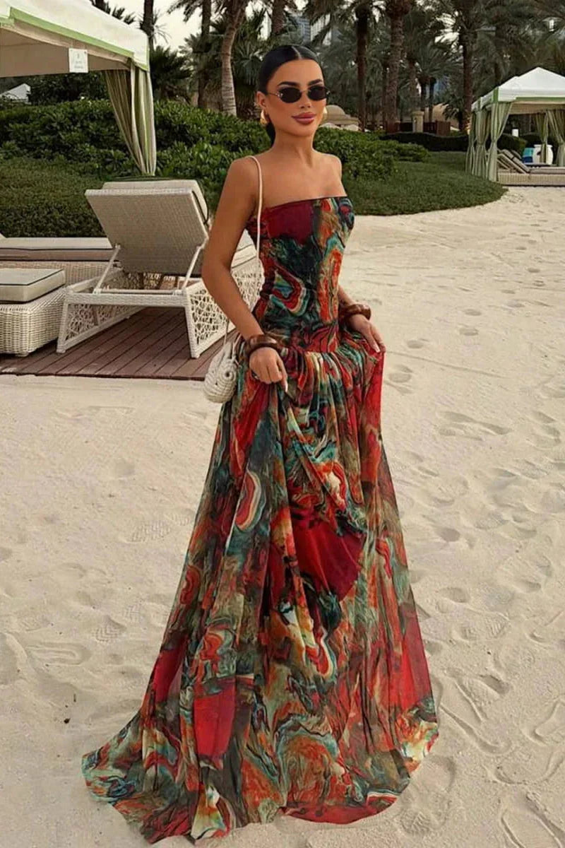 Nancy | Strapless Marble-Print Tiered Women Summer Maxi Dress