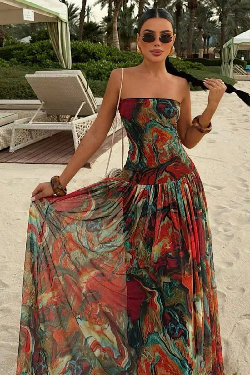 Nancy | Strapless Marble-Print Tiered Women Summer Maxi Dress