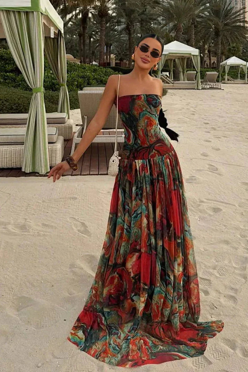 Nancy | Strapless Marble-Print Tiered Women Summer Maxi Dress