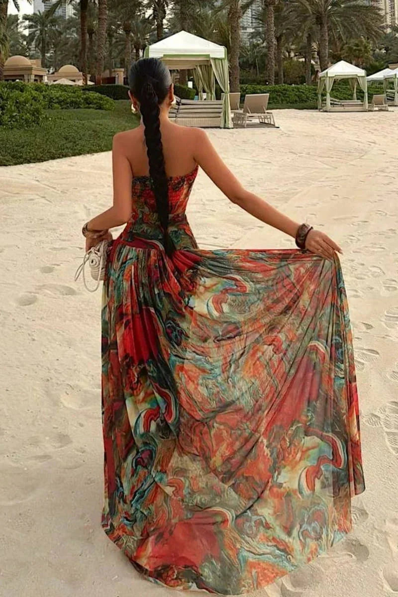 Nancy | Strapless Marble-Print Tiered Women Summer Maxi Dress