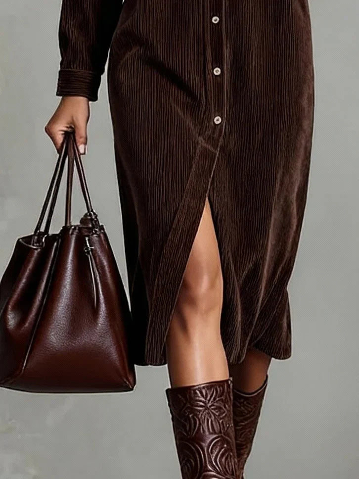Iris | Corduroy Button-Front Women's Midi Shirt Dress for Autumn