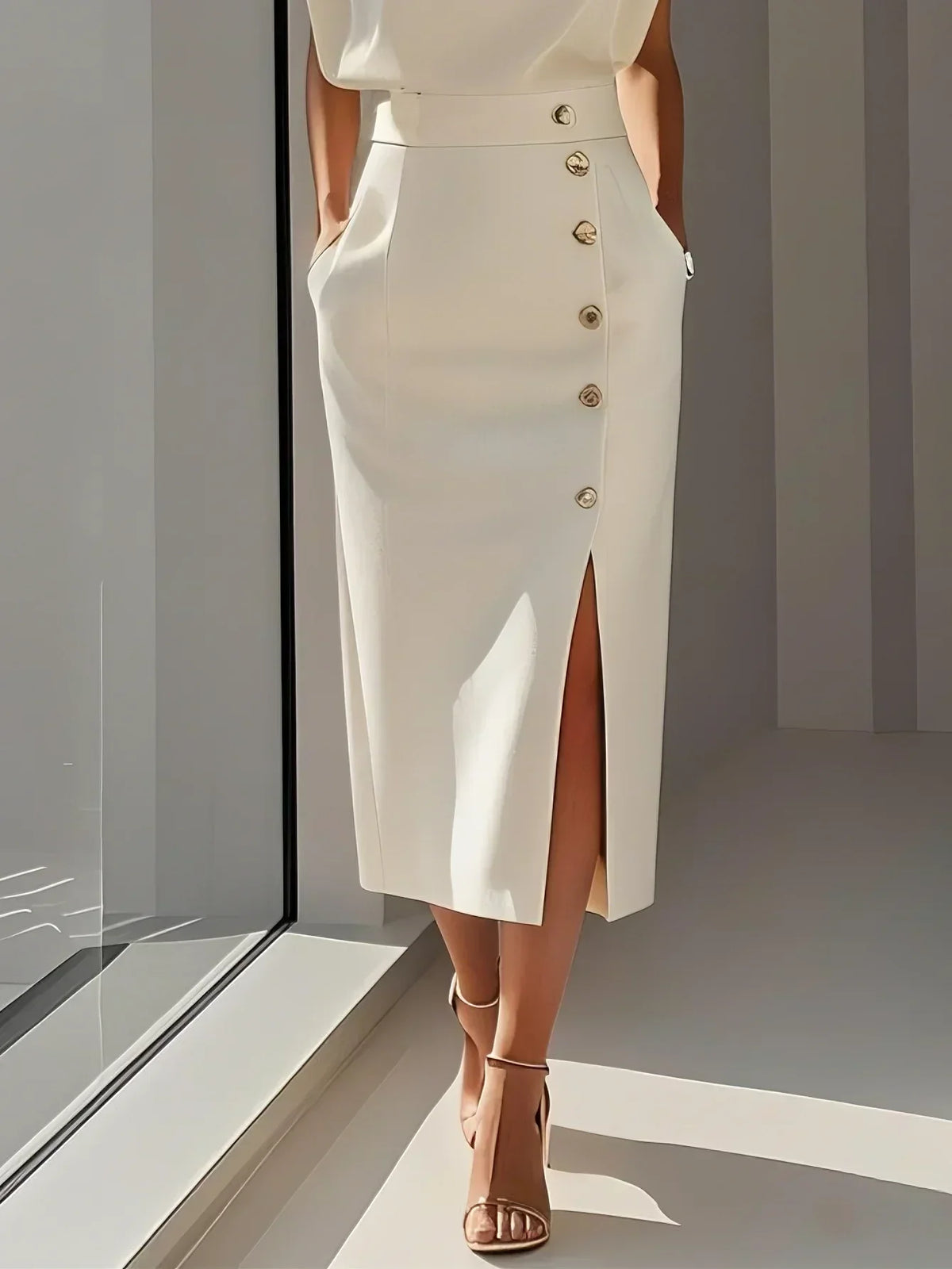 Colette | Sleeveless Side-Button Front-Slit Women Summer Midi Dress