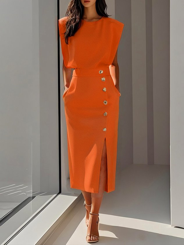 Colette | Sleeveless Side-Button Front-Slit Women Summer Midi Dress