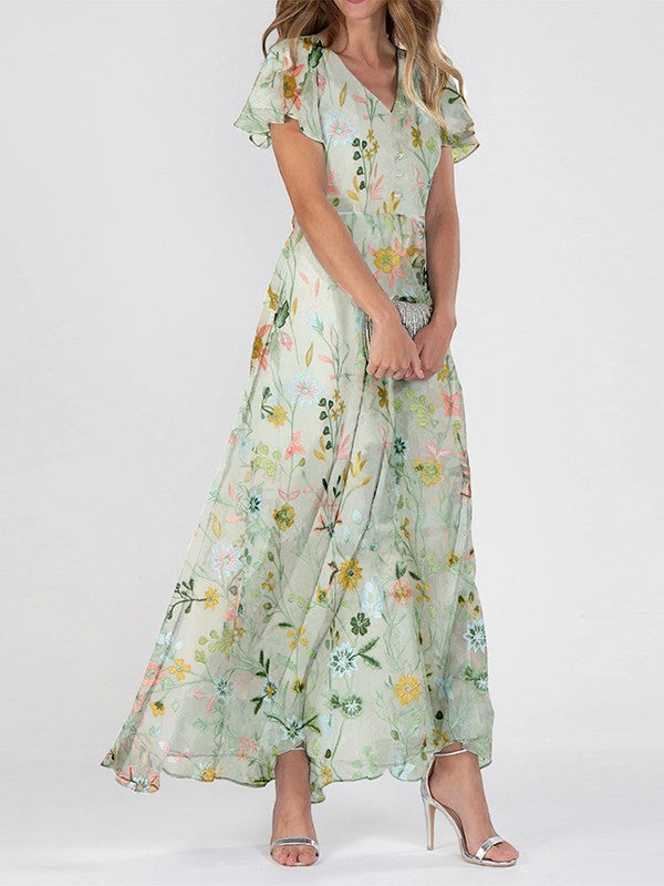 Alicia | Botanical V-Neck Flowing Women Summer Maxi Dress
