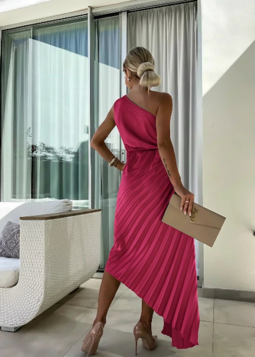 Serena | One-Shoulder Rosette Pleated Maxi Women Cocktail Summer Dress