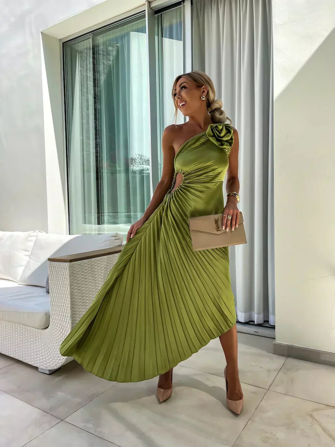 Serena | One-Shoulder Rosette Pleated Maxi Women Cocktail Summer Dress