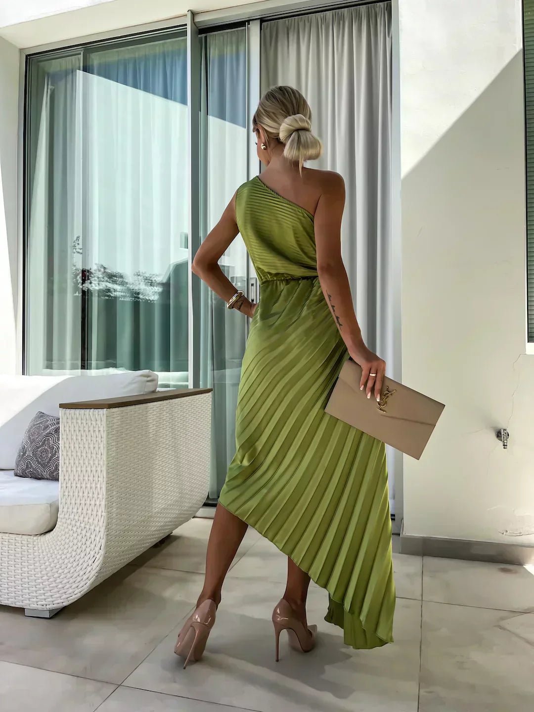Serena | One-Shoulder Rosette Pleated Maxi Women Cocktail Summer Dress
