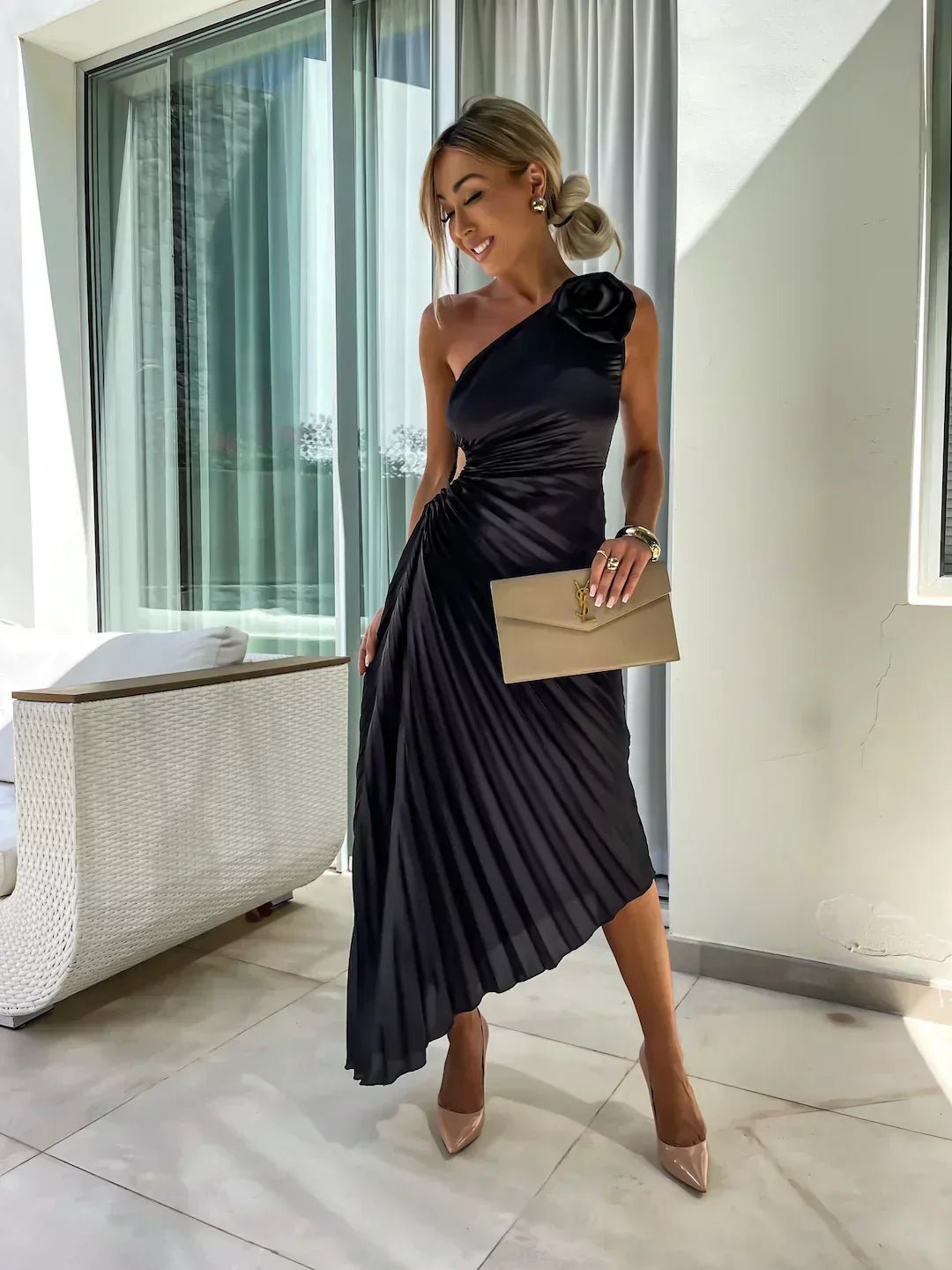 Serena | One-Shoulder Rosette Pleated Maxi Women Cocktail Summer Dress