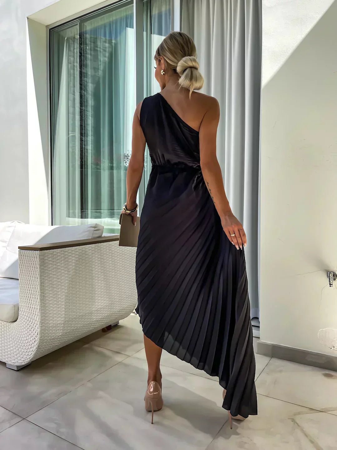 Serena | One-Shoulder Rosette Pleated Maxi Women Cocktail Summer Dress