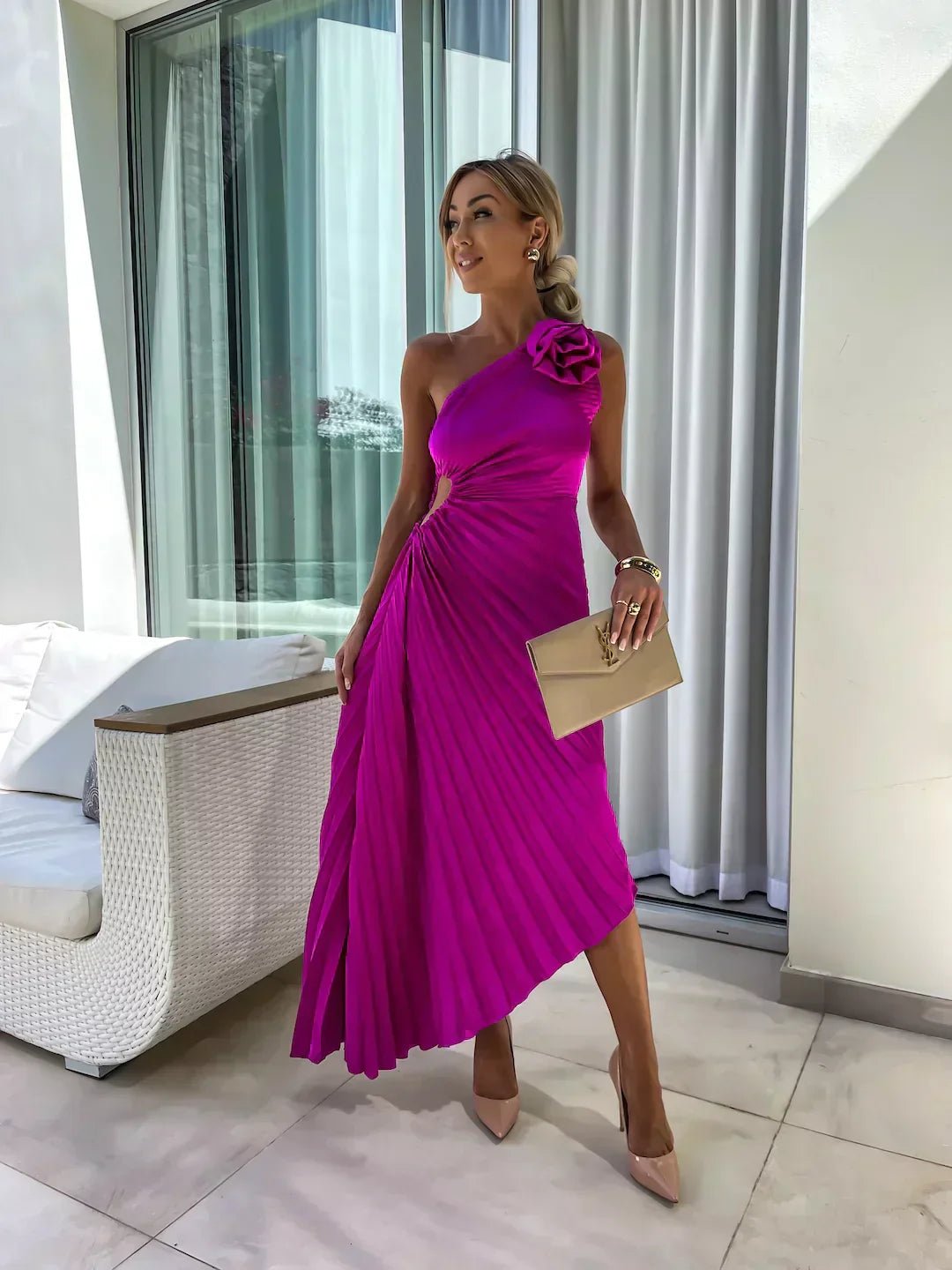 Serena | One-Shoulder Rosette Pleated Maxi Women Cocktail Summer Dress