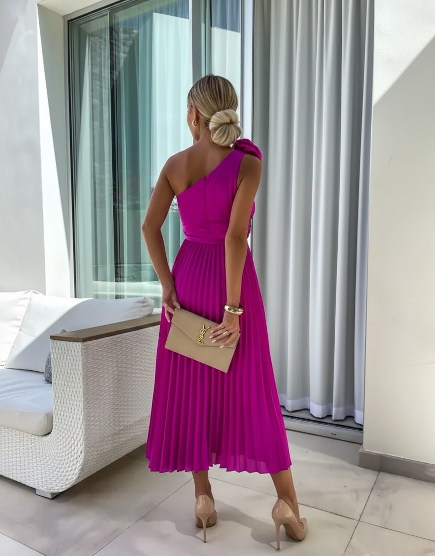 Serena | One-Shoulder Rosette Pleated Maxi Women Cocktail Summer Dress