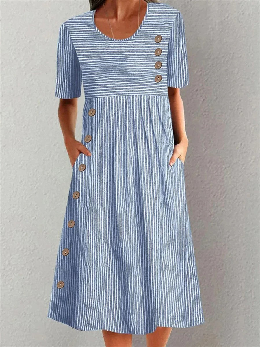 Leila | Striped Button-Detail Relaxed Women Summer Midi Dress