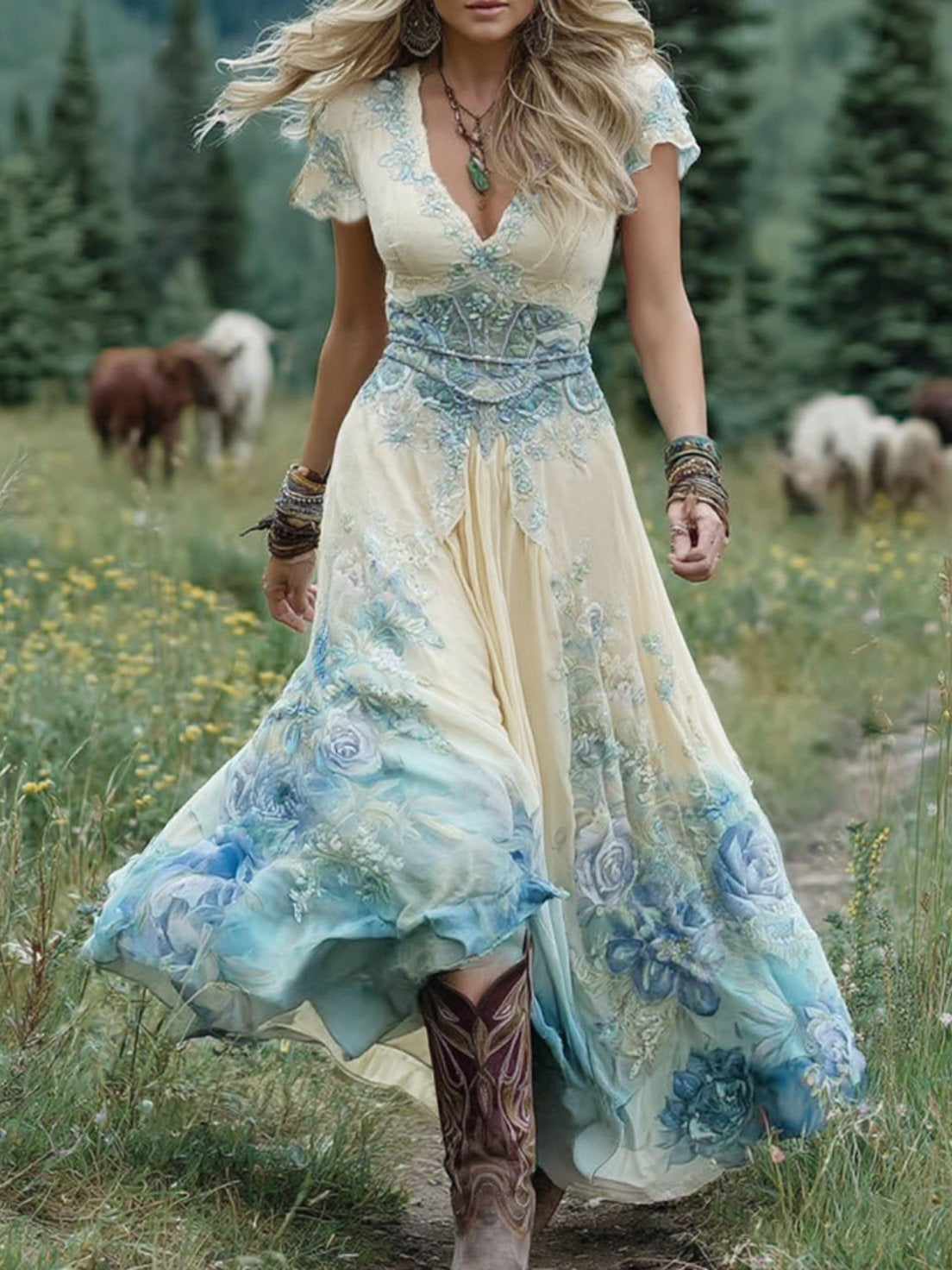 Brooklyn | Bohemian Floral Deep-V Women Summer Maxi Dress