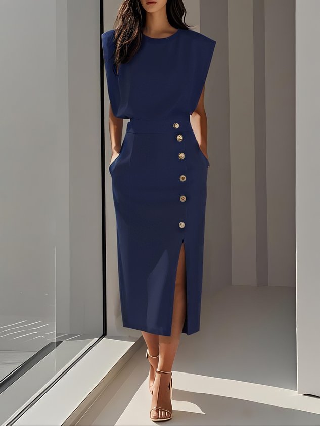 Colette | Sleeveless Side-Button Front-Slit Women Summer Midi Dress