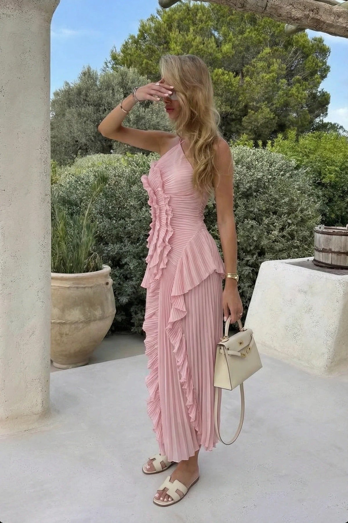 Sophie | Pleated Halter Ruffle-Cascade Women Summer Maxi Dress