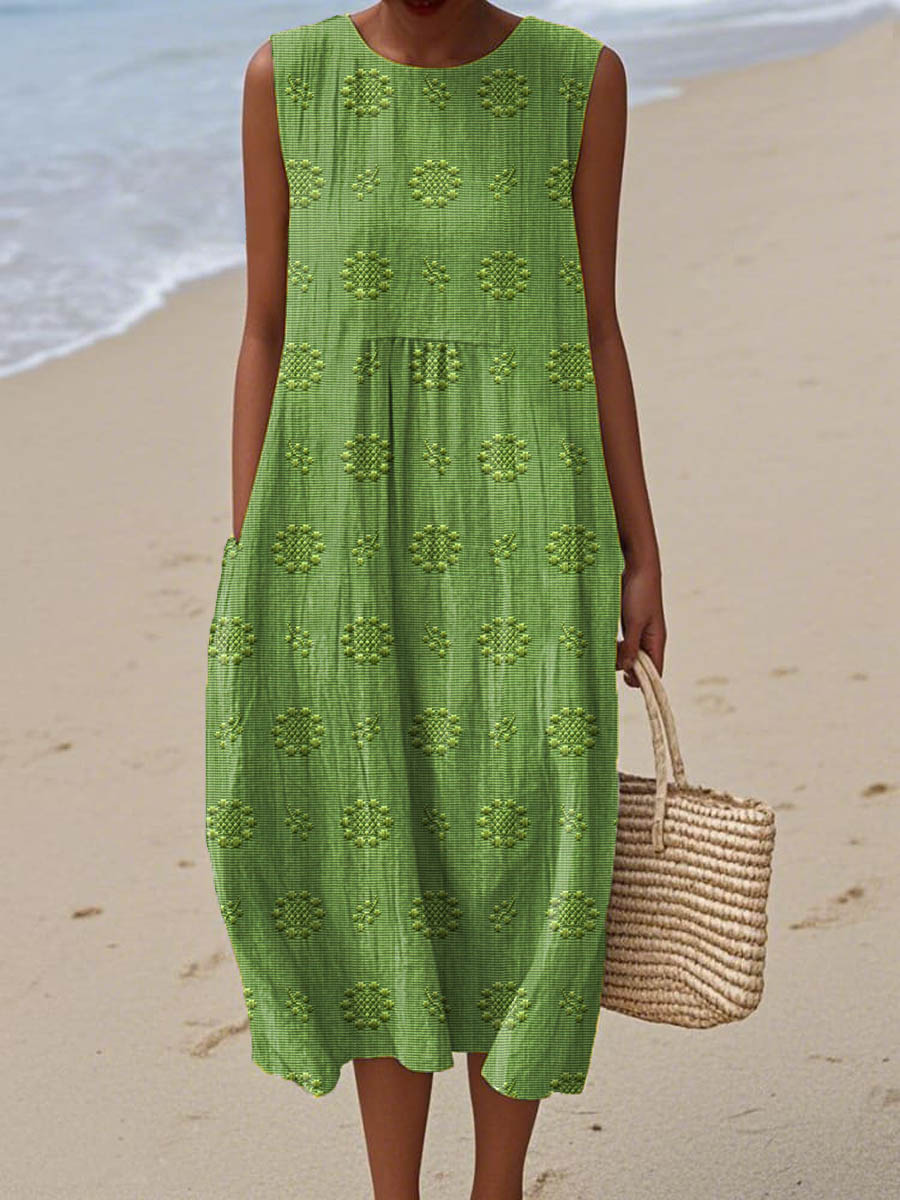 Leah | Sleeveless Embroidered Cotton Pocket Women Summer Midi Dress