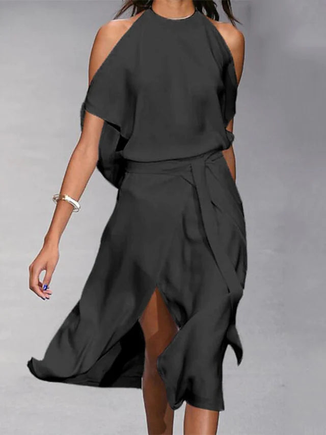 Giselle | Halter Overlay Asymmetric-Hem Women Summer Midi Dress