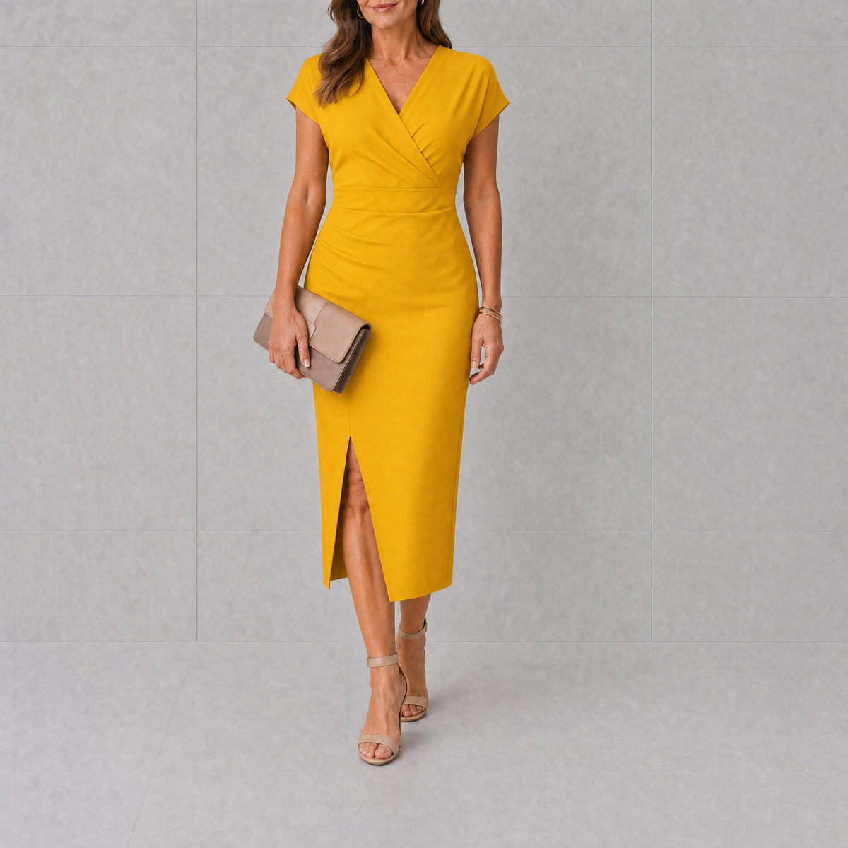 Bellamine | Wrap Ruched Side-Slit Midi Women Cocktail Summer Dress