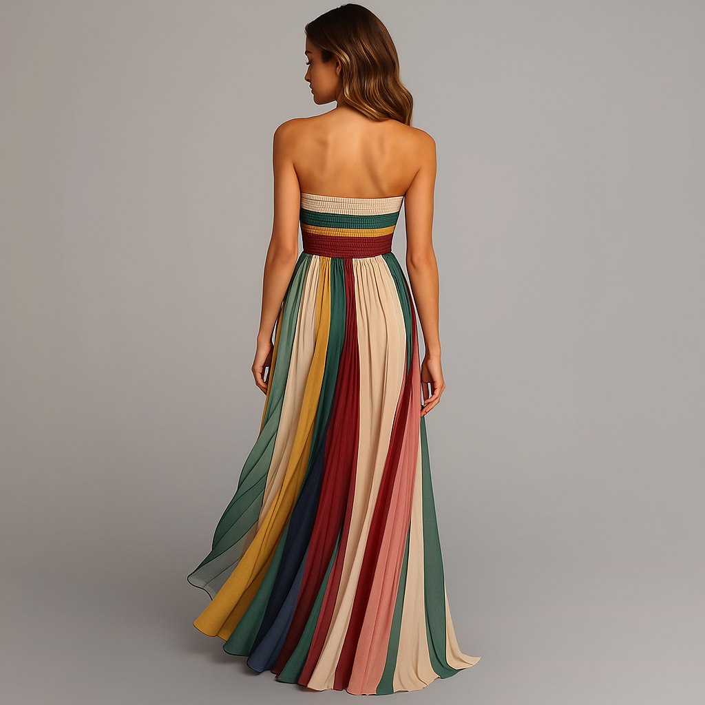 Irene | Strapless Rainbow Pleated Women Summer Maxi Dress