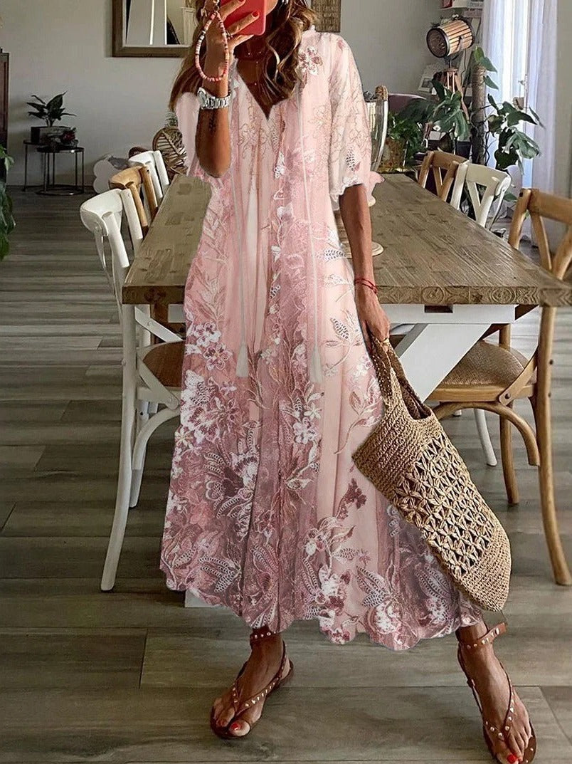 Amber | Lace-Print Floral Half-Sleeve Women Summer Maxi Dress