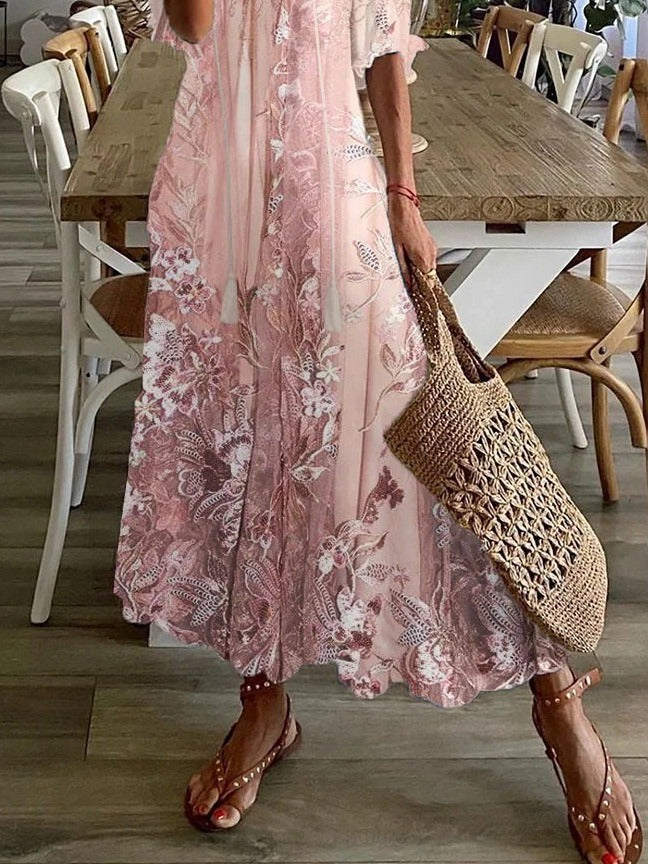 Amber | Lace-Print Floral Half-Sleeve Women Summer Maxi Dress