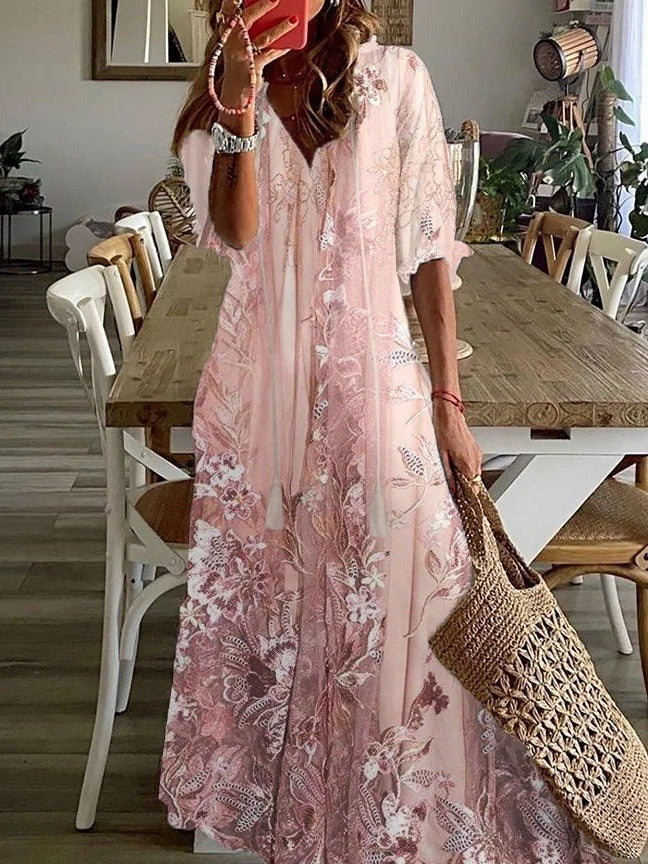 Amber | Lace-Print Floral Half-Sleeve Women Summer Maxi Dress