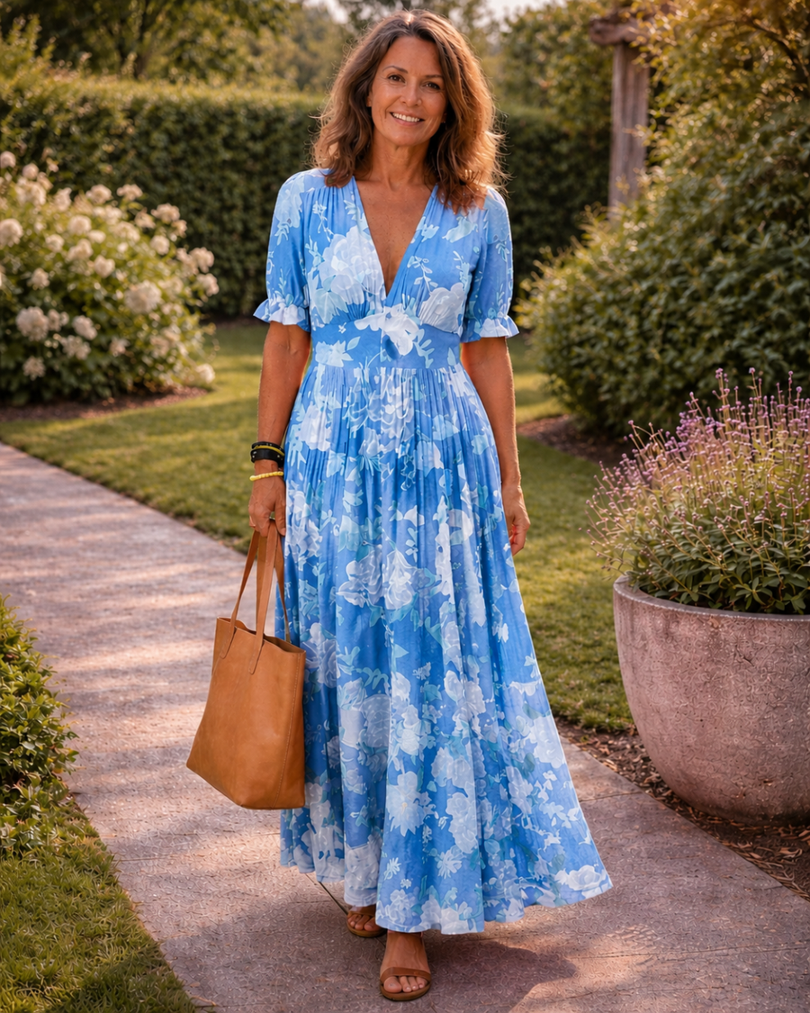 Lina | Floral V-Neck Short-Sleeve Women Summer Maxi Dress