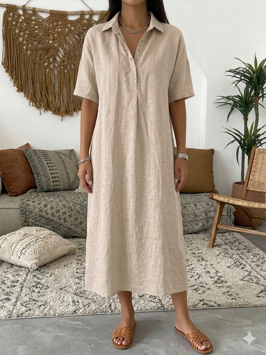 Freya | Collared Cotton-Linen Polo Women Summer Midi Dress