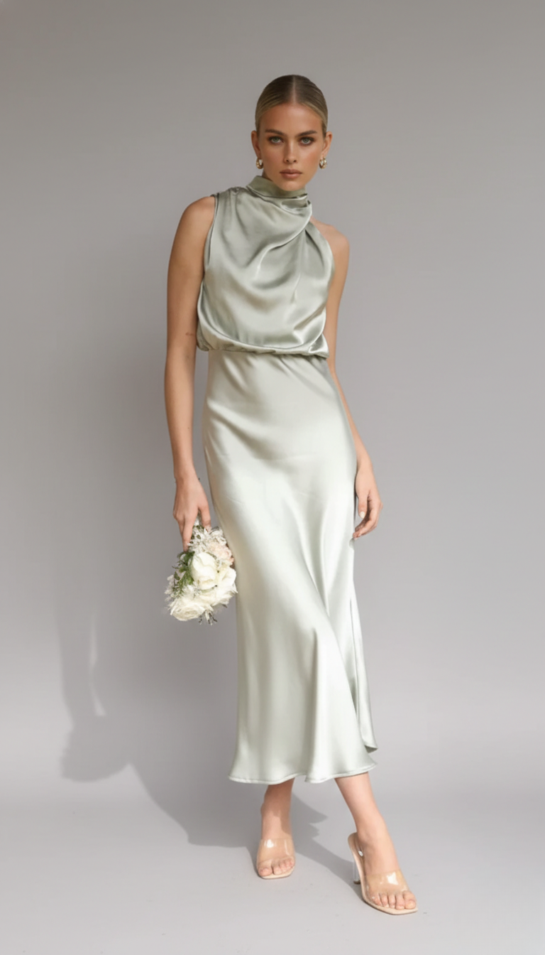 Genevieve | Cowl Halter Open-Back Midi Women Cocktail Summer Dress