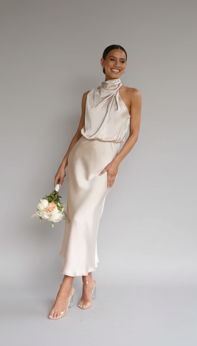 Genevieve | Cowl Halter Open-Back Midi Women Cocktail Summer Dress