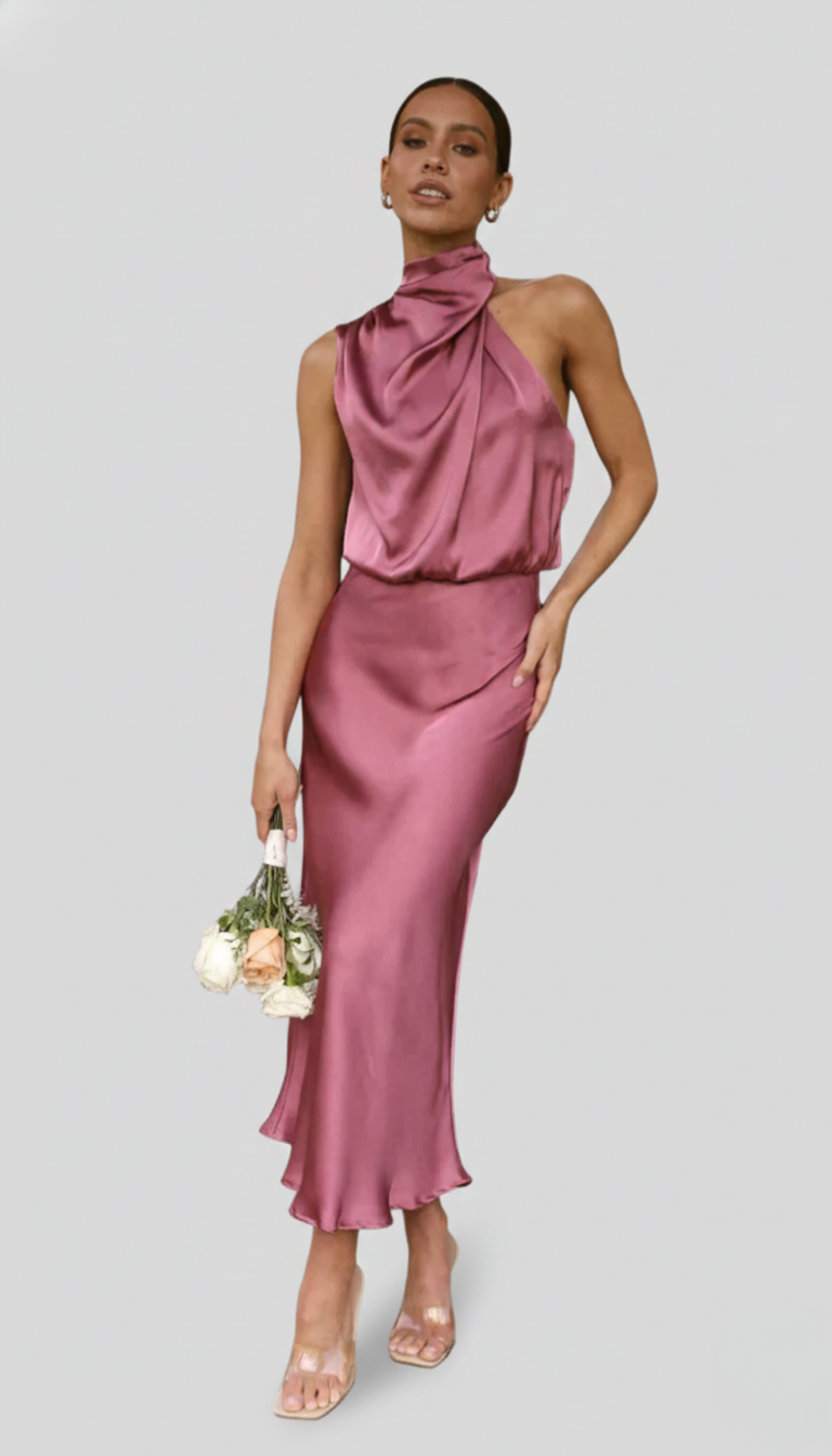 Genevieve | Cowl Halter Open-Back Midi Women Cocktail Summer Dress