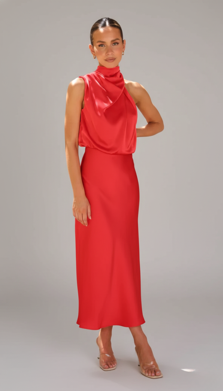 Genevieve | Cowl Halter Open-Back Midi Women Cocktail Summer Dress