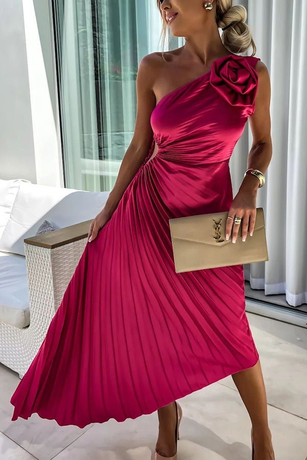 Serena | One-Shoulder Rosette Pleated Maxi Women Cocktail Summer Dress