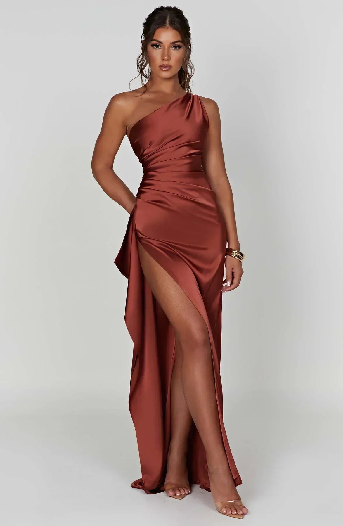 Juliana | Satin One-Shoulder Thigh-Slit Women Summer Maxi Dress