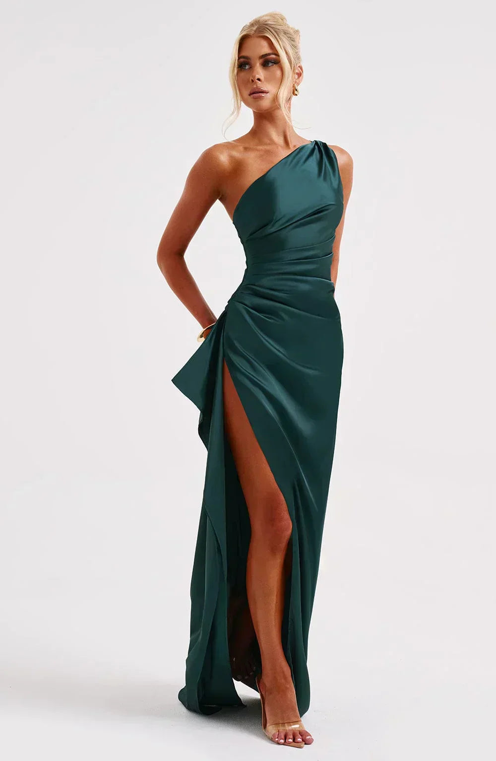 Juliana | Satin One-Shoulder Thigh-Slit Women Summer Maxi Dress