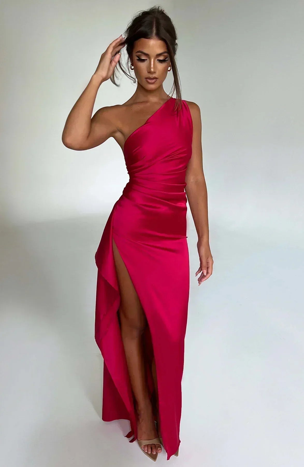 Juliana | Satin One-Shoulder Thigh-Slit Women Summer Maxi Dress