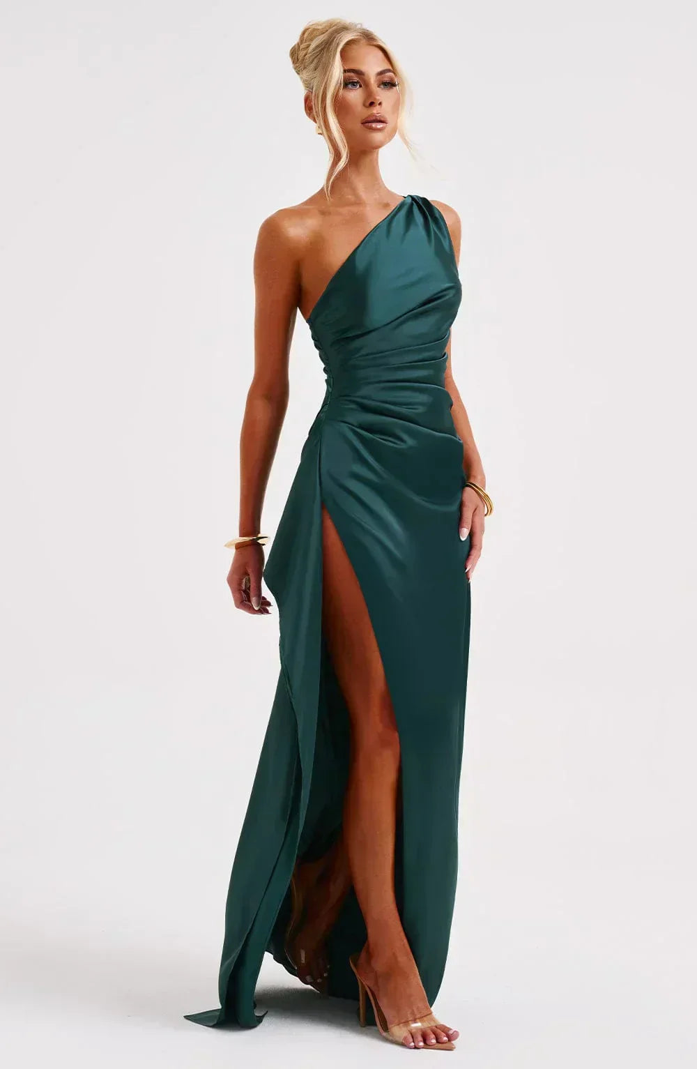Juliana | Satin One-Shoulder Thigh-Slit Women Summer Maxi Dress