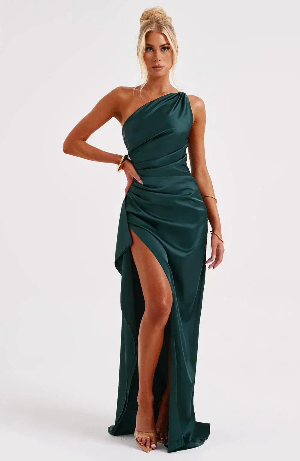 Juliana | Satin One-Shoulder Thigh-Slit Women Summer Maxi Dress