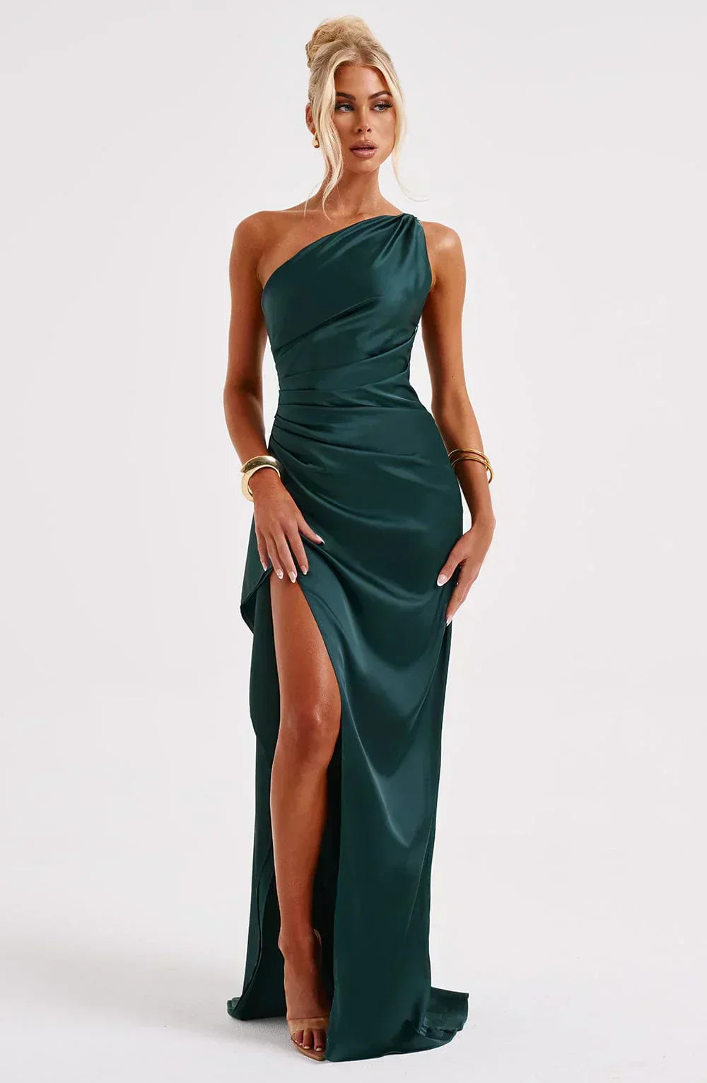 Juliana | Satin One-Shoulder Thigh-Slit Women Summer Maxi Dress