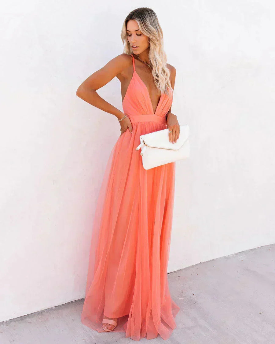 Angelina | Chiffon Crisscross Open-Back Women Summer Maxi Dress