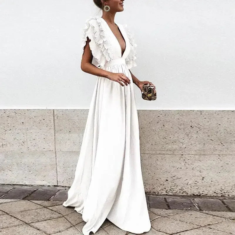 Yvonne | Ruffle-Sleeve Deep-V Women Summer Maxi Dress