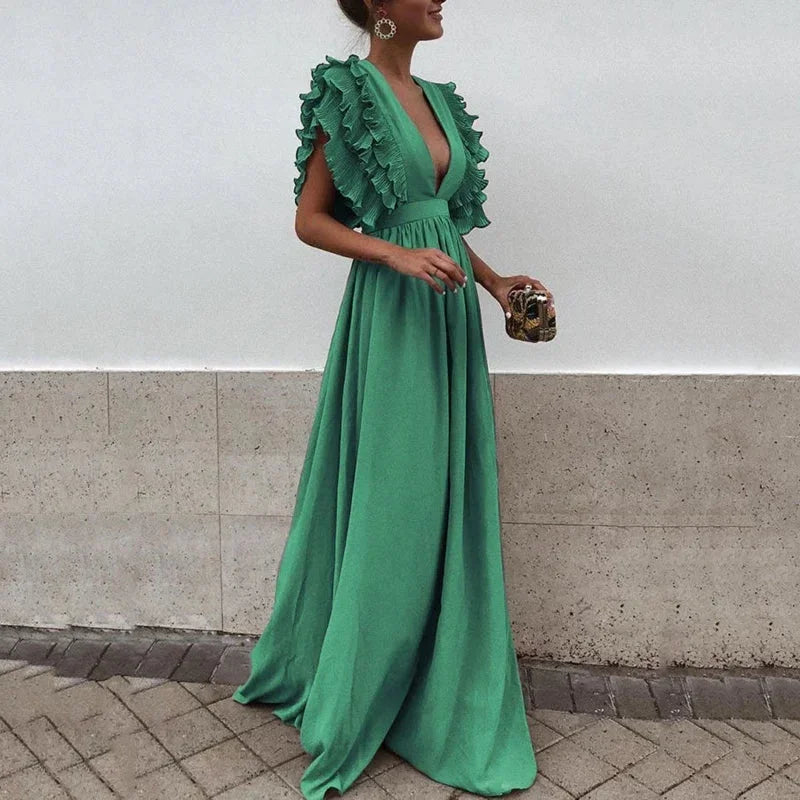 Yvonne | Ruffle-Sleeve Deep-V Women Summer Maxi Dress